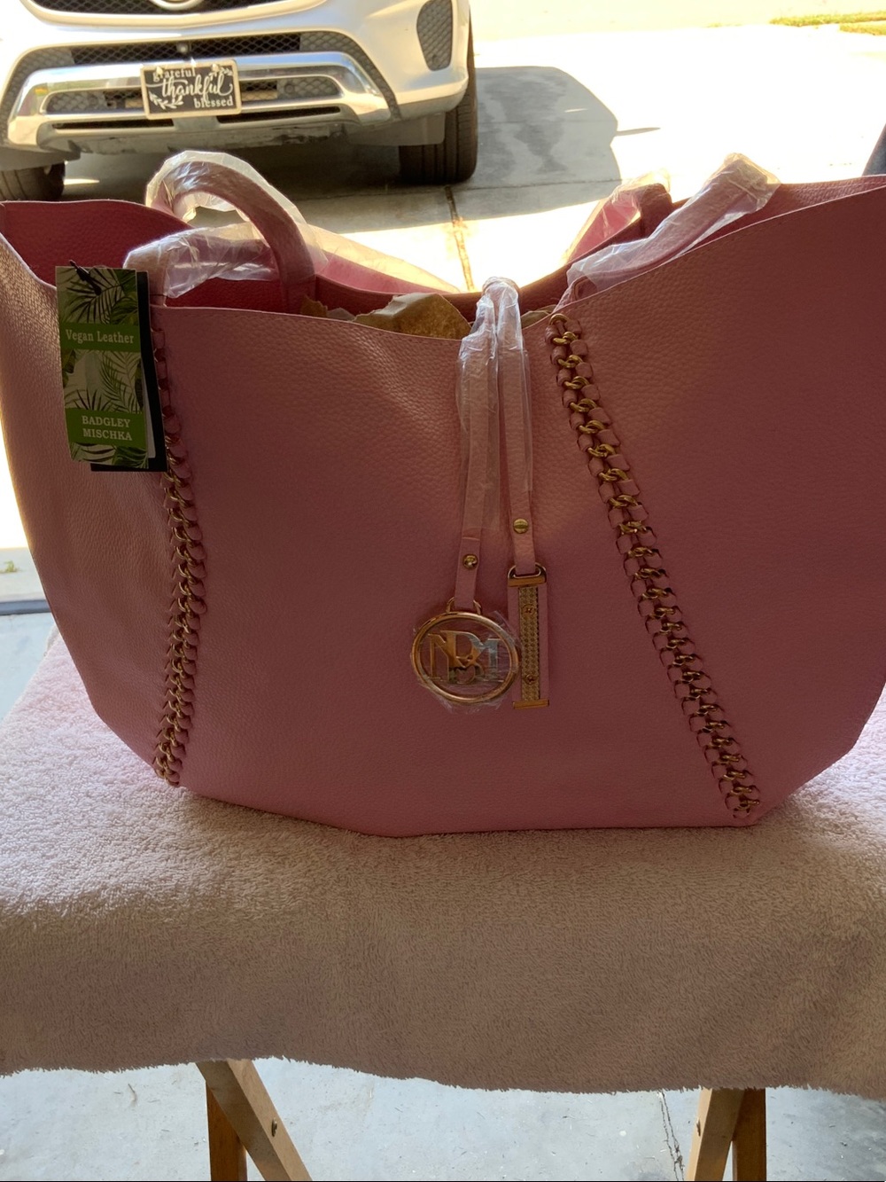 Badgley Mischka Pink Tote with Gold Chain Trim